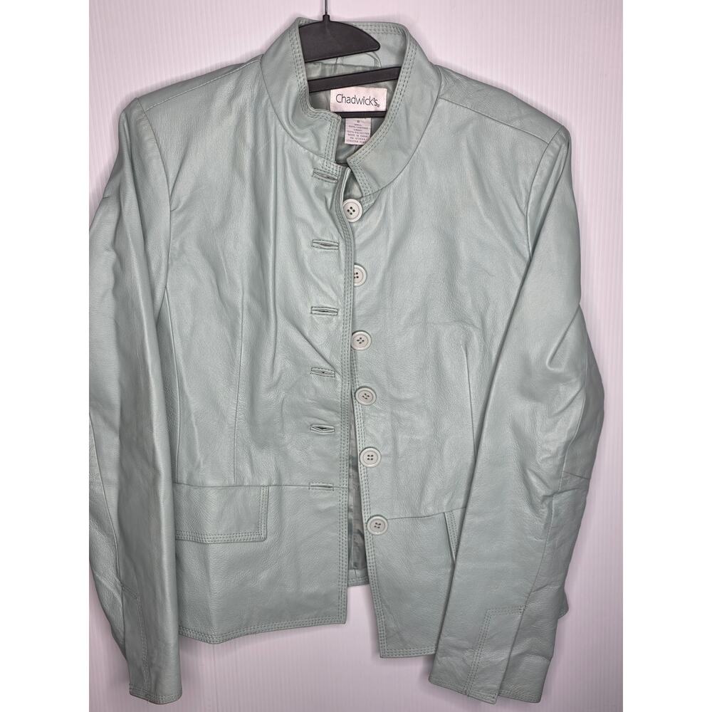 Chadwick's Size 8 Light Blue 100% Leather Jacket Button Front Minimalist